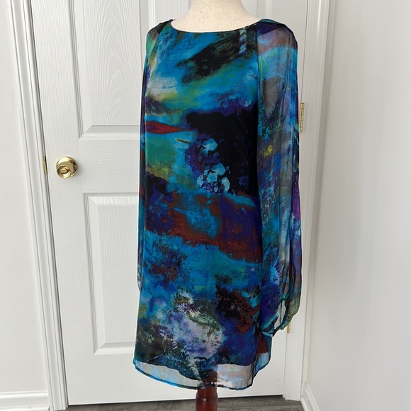 Cache 100% silk cocktail sheath mini dress Sz 4 blue, black, green - Picture 3 of 11